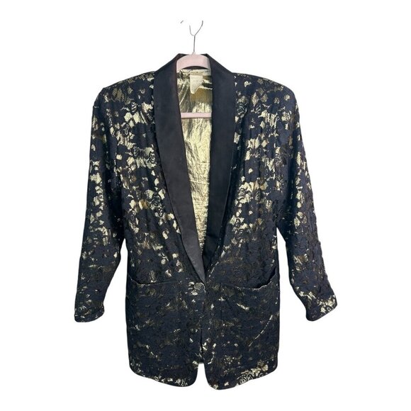 Laundry By Shelli Segal Jackets & Blazers - Vtg‎ Laundry (Le) By Shelli Segal Black Gold Foil Blazer Sz S Holiday New Year's